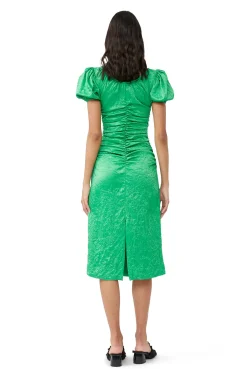 Online GANNI Green Crinkled Satin Midi Dress Bright Green