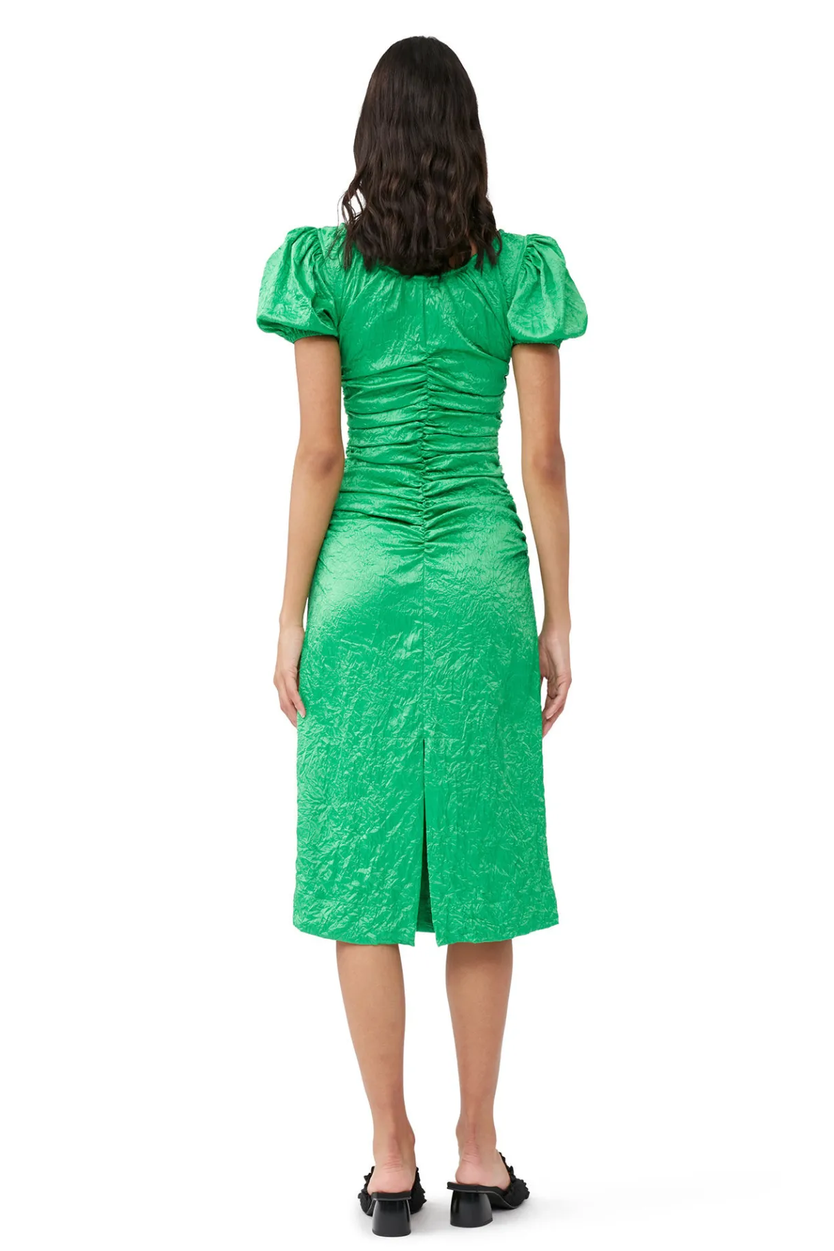 Online GANNI Green Crinkled Satin Midi Dress Bright Green