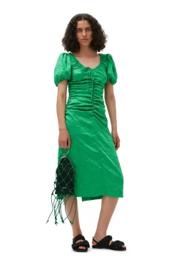 Online GANNI Green Crinkled Satin Midi Dress Bright Green