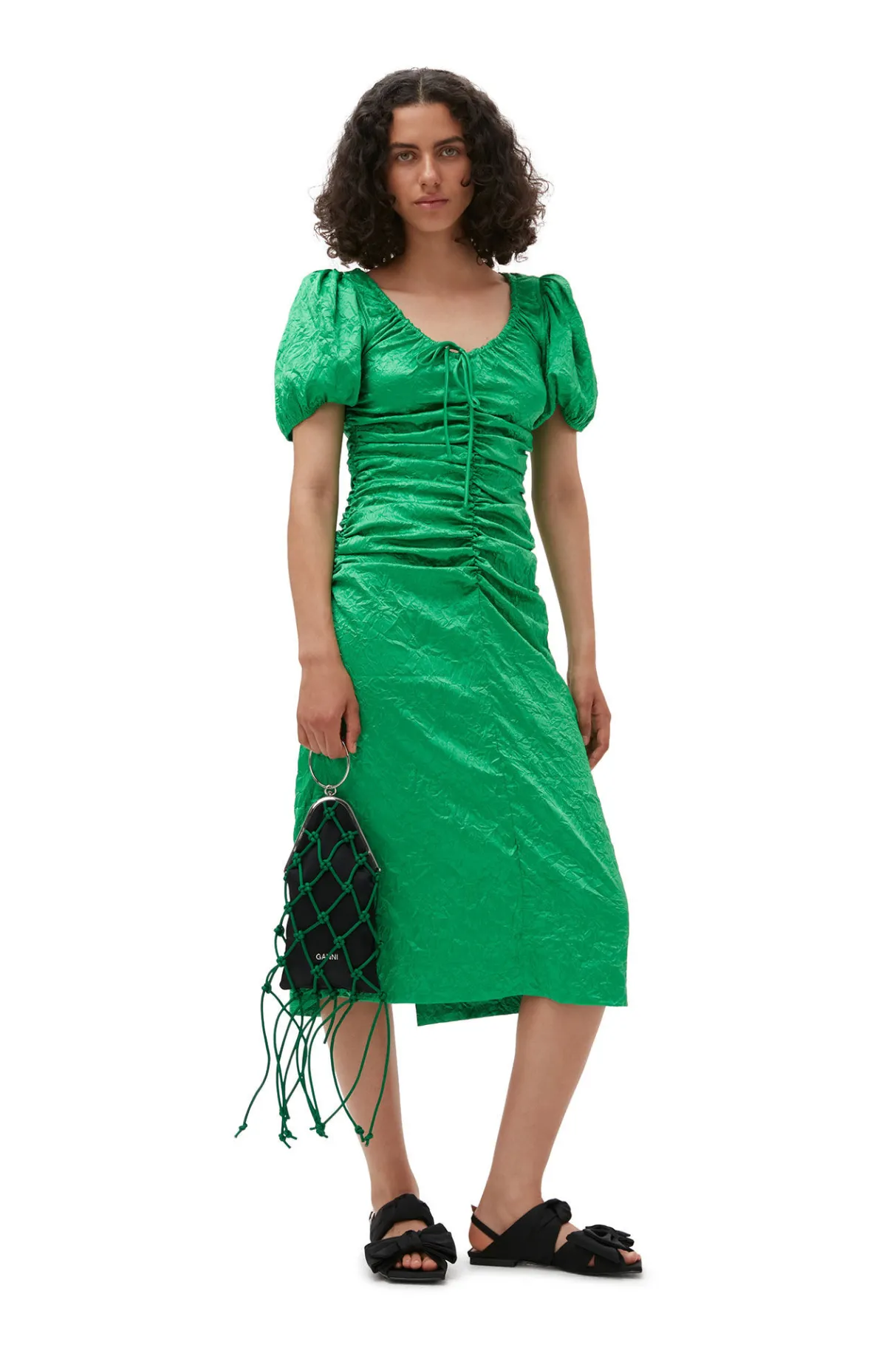 Online GANNI Green Crinkled Satin Midi Dress Bright Green