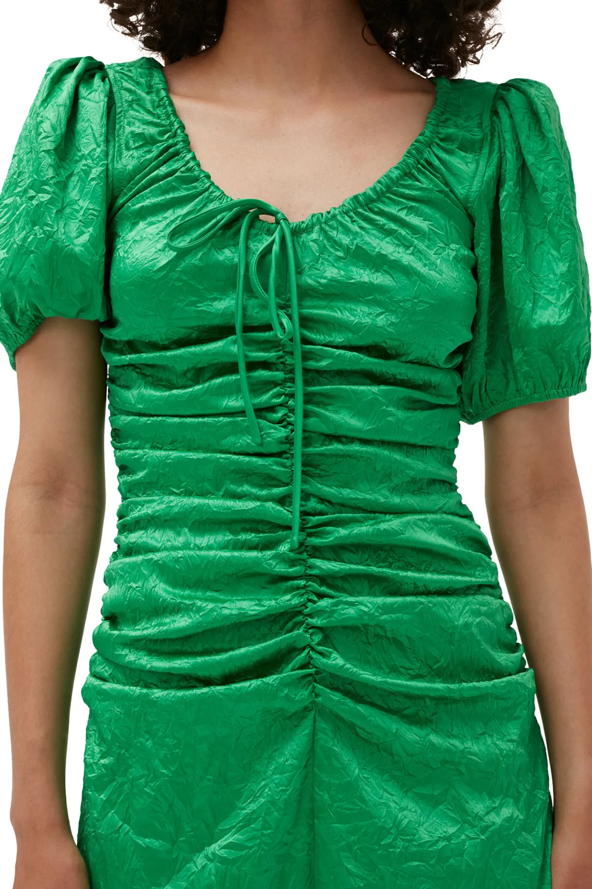 Online GANNI Green Crinkled Satin Midi Dress Bright Green