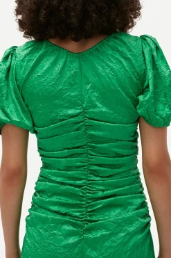 Online GANNI Green Crinkled Satin Midi Dress Bright Green