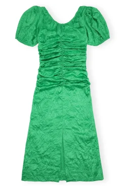 Online GANNI Green Crinkled Satin Midi Dress Bright Green