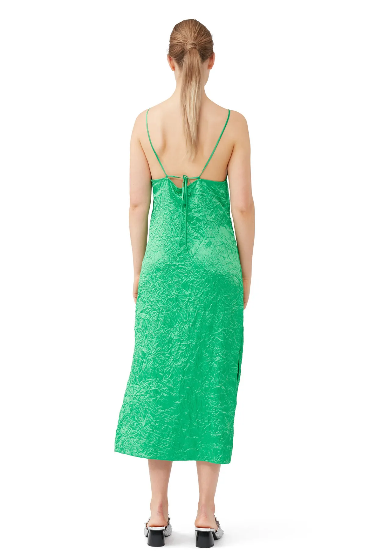 Discount GANNI Green Crinkled Satin Slip Dress Bright Green