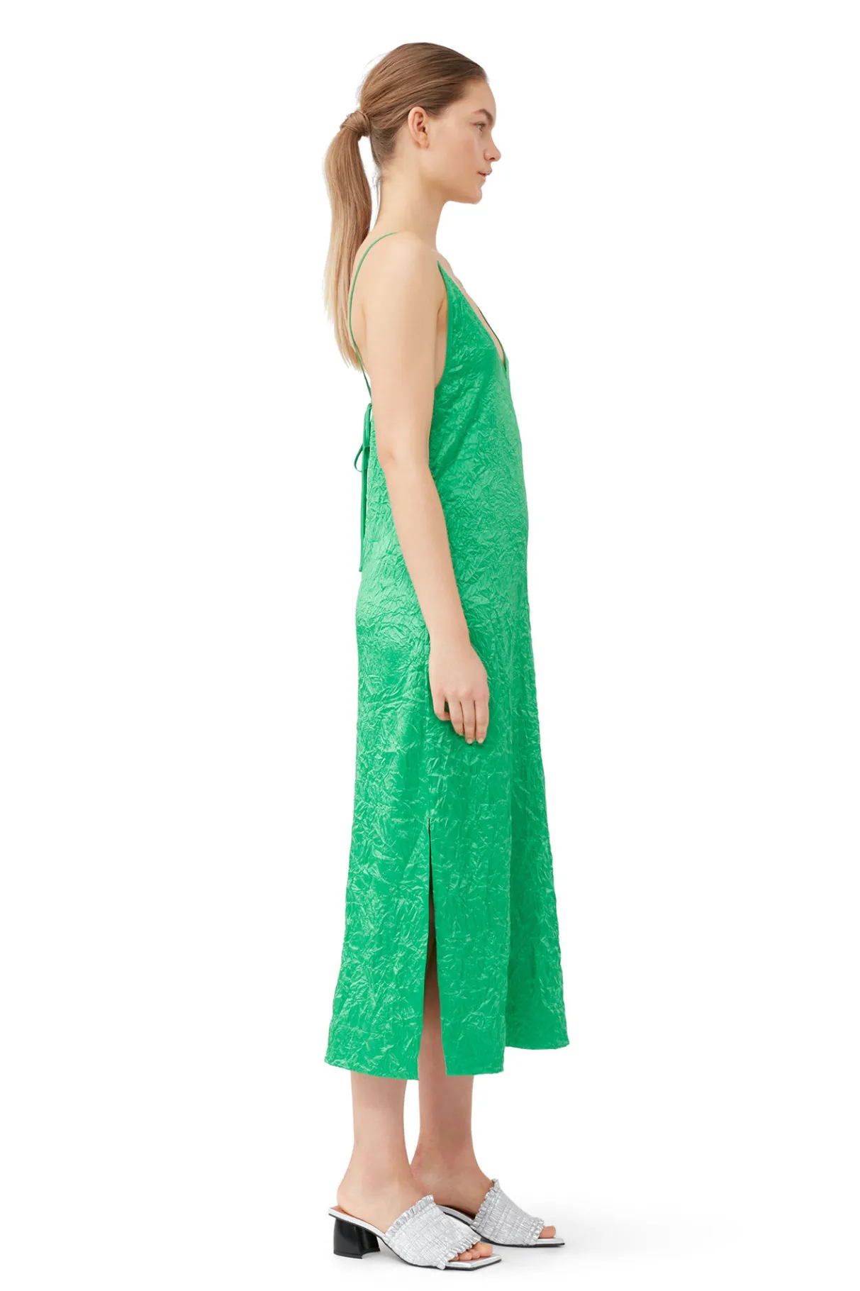 Discount GANNI Green Crinkled Satin Slip Dress Bright Green