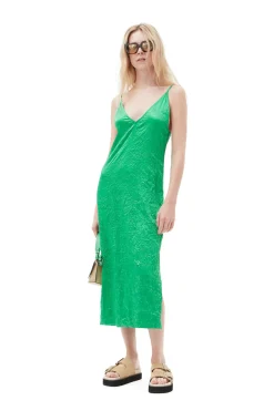 Discount GANNI Green Crinkled Satin Slip Dress Bright Green