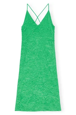 Discount GANNI Green Crinkled Satin Slip Dress Bright Green