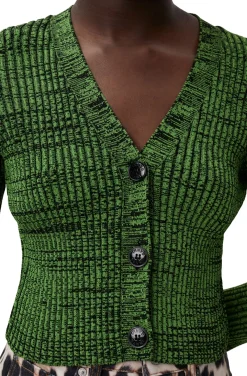 Hot GANNI Green Cropped Melange Knit Cardigan Kelly Green
