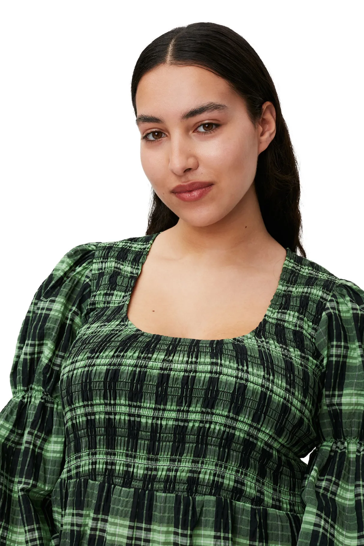 Flash Sale GANNI Green Seersucker Check Maxi Smock Dress Peapod