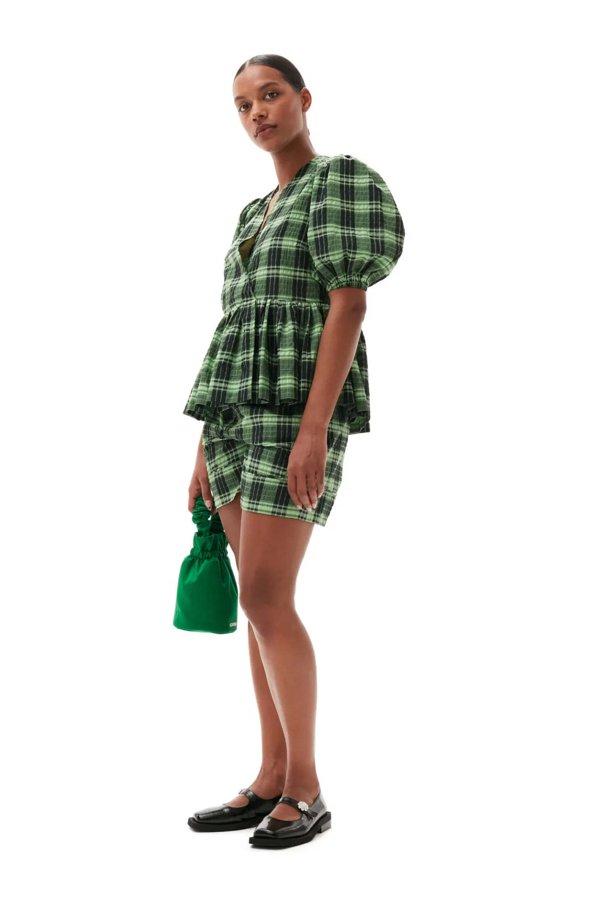 Hot GANNI Green Seersucker Check Wrap Blouse Peapod