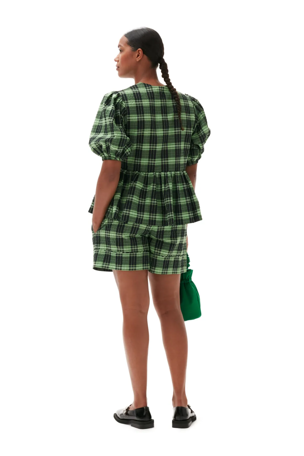 Hot GANNI Green Seersucker Check Wrap Blouse Peapod