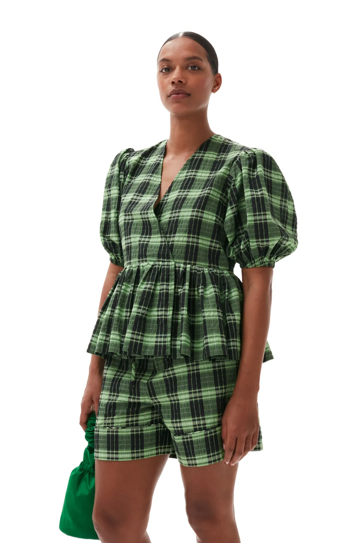 Hot GANNI Green Seersucker Check Wrap Blouse Peapod