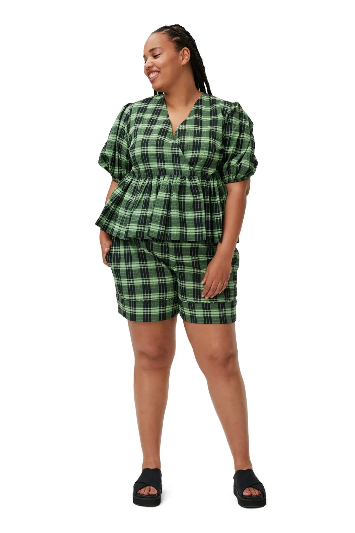 Hot GANNI Green Seersucker Check Wrap Blouse Peapod