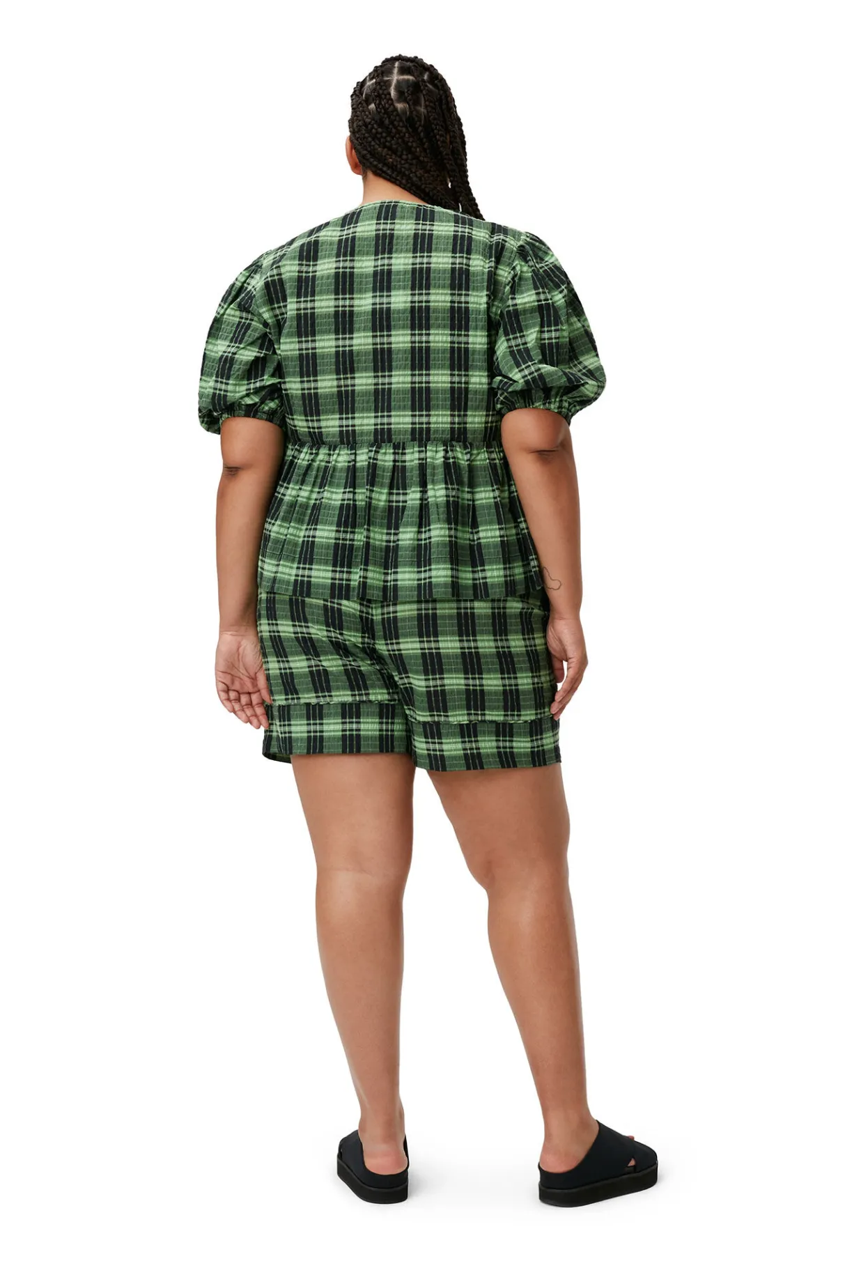 Hot GANNI Green Seersucker Check Wrap Blouse Peapod