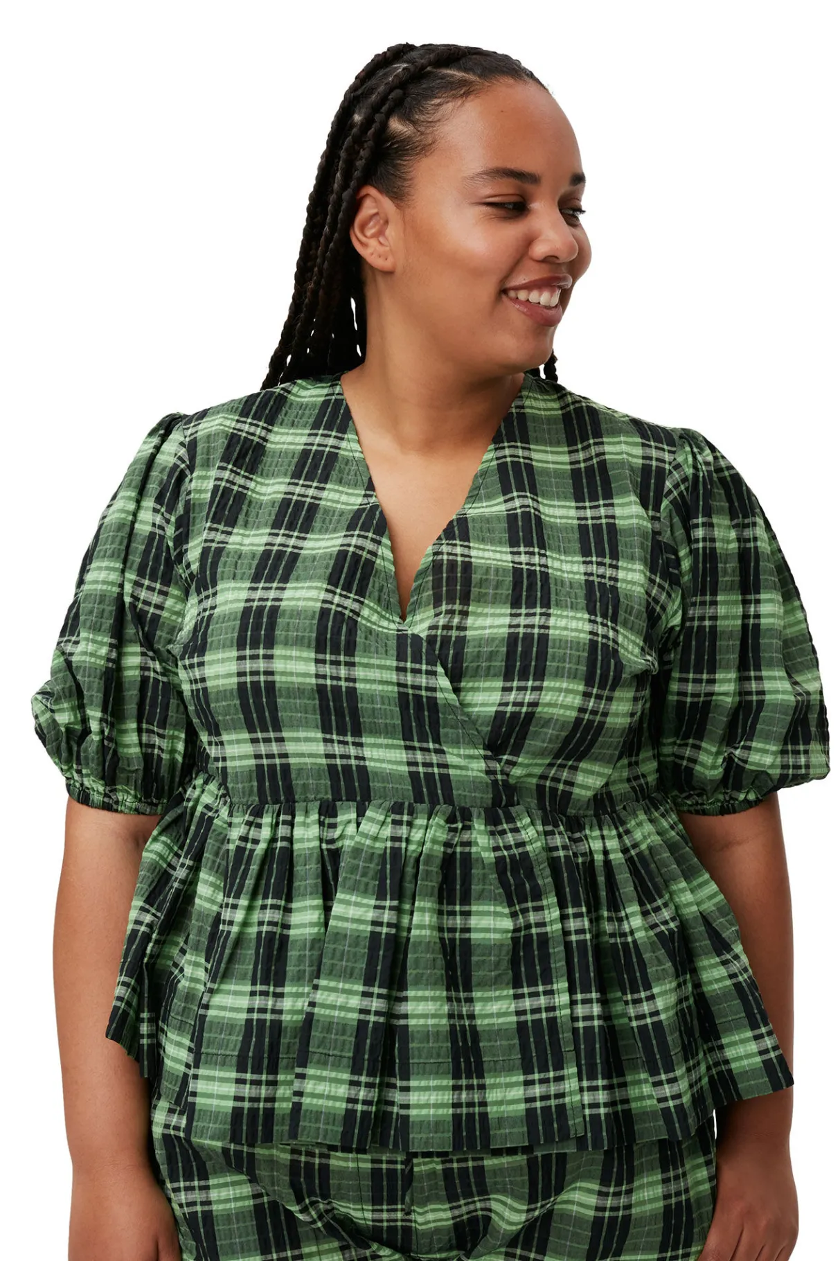 Hot GANNI Green Seersucker Check Wrap Blouse Peapod
