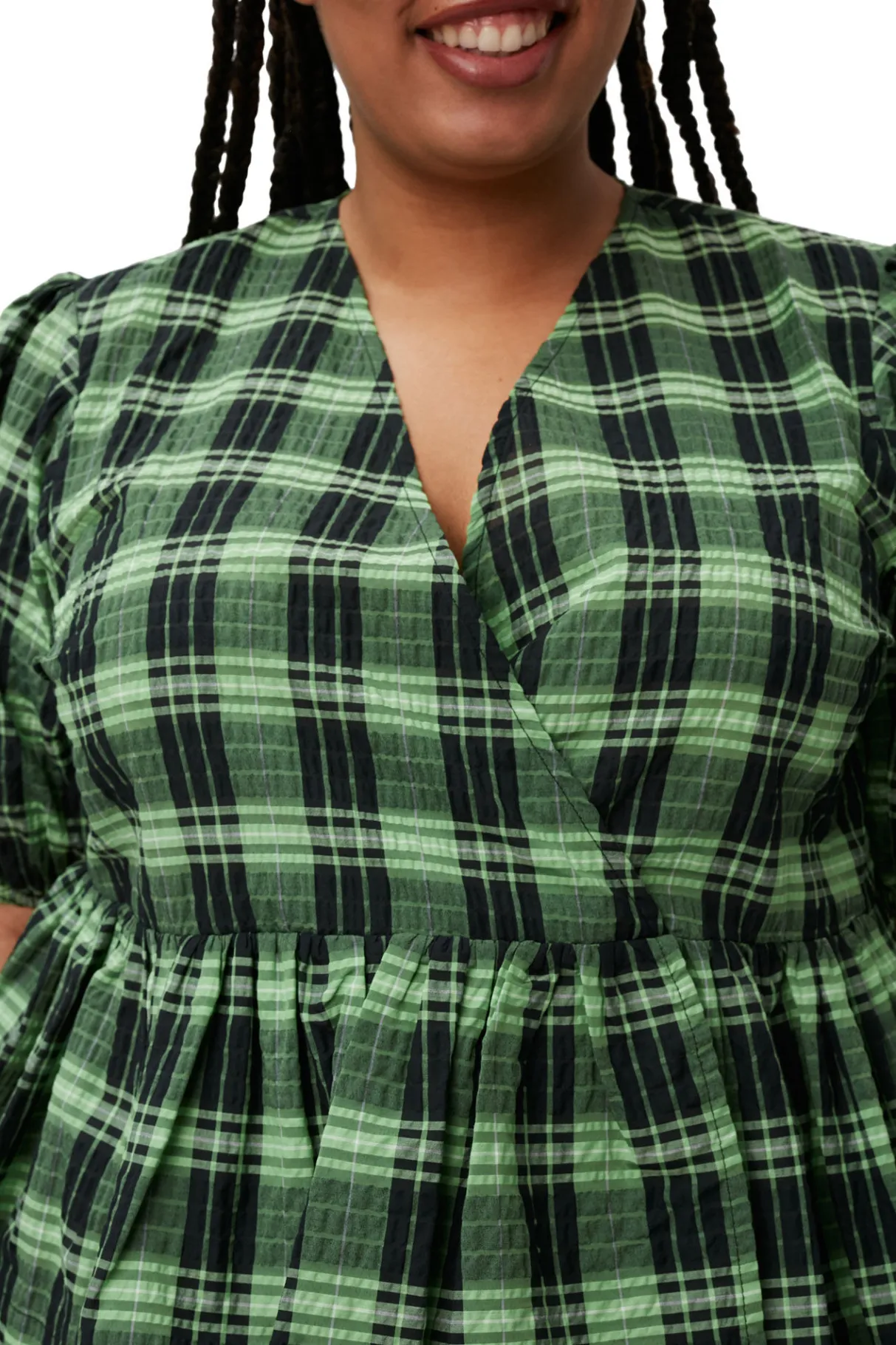 Hot GANNI Green Seersucker Check Wrap Blouse Peapod