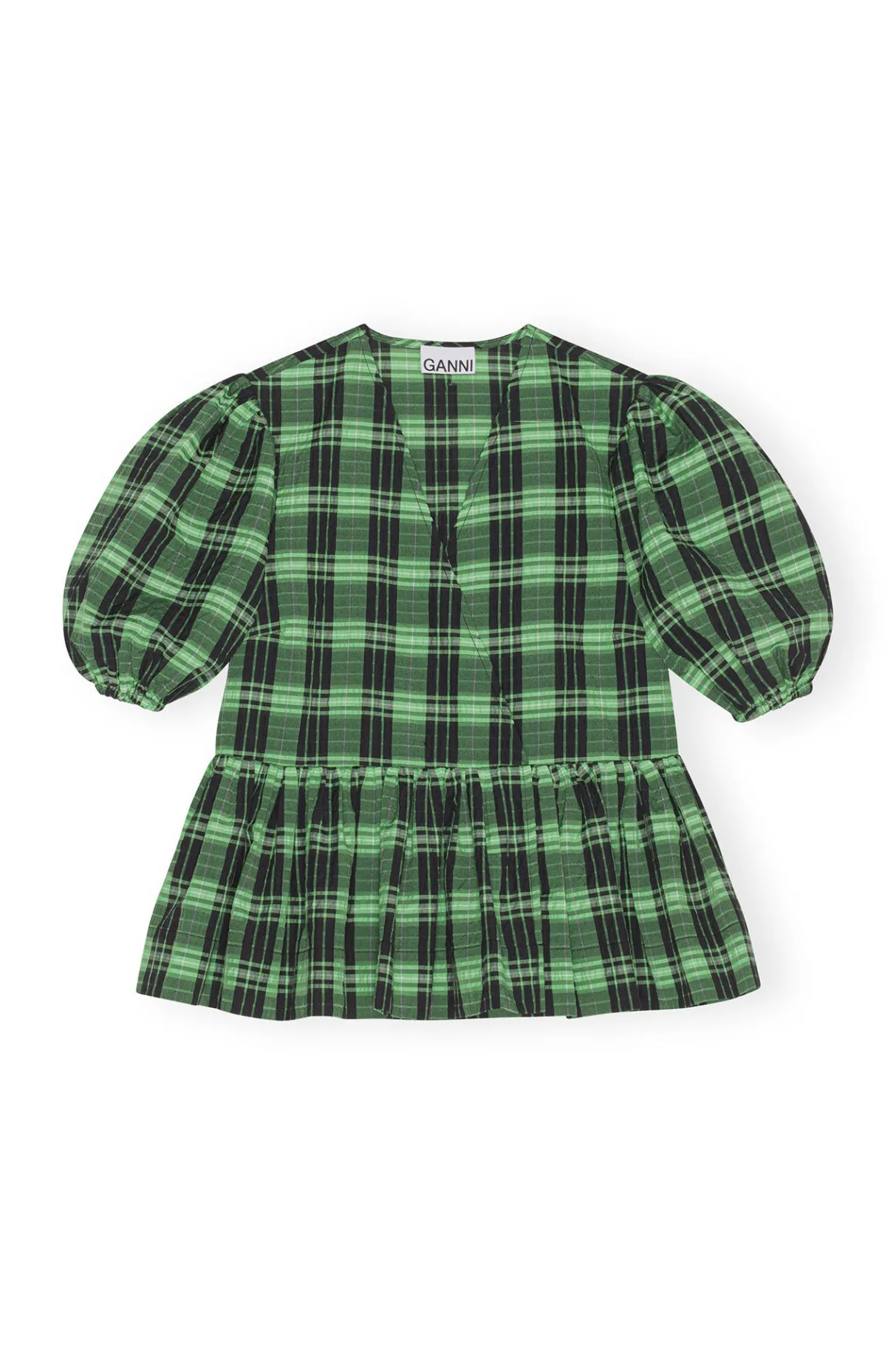 Hot GANNI Green Seersucker Check Wrap Blouse Peapod