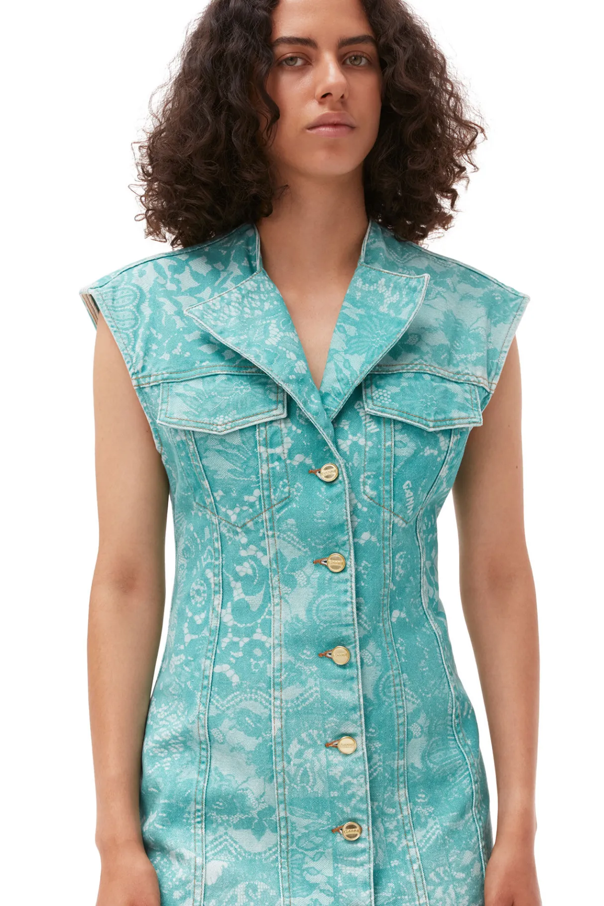 Discount GANNI Lace Printed Denim Mini Dress Canton