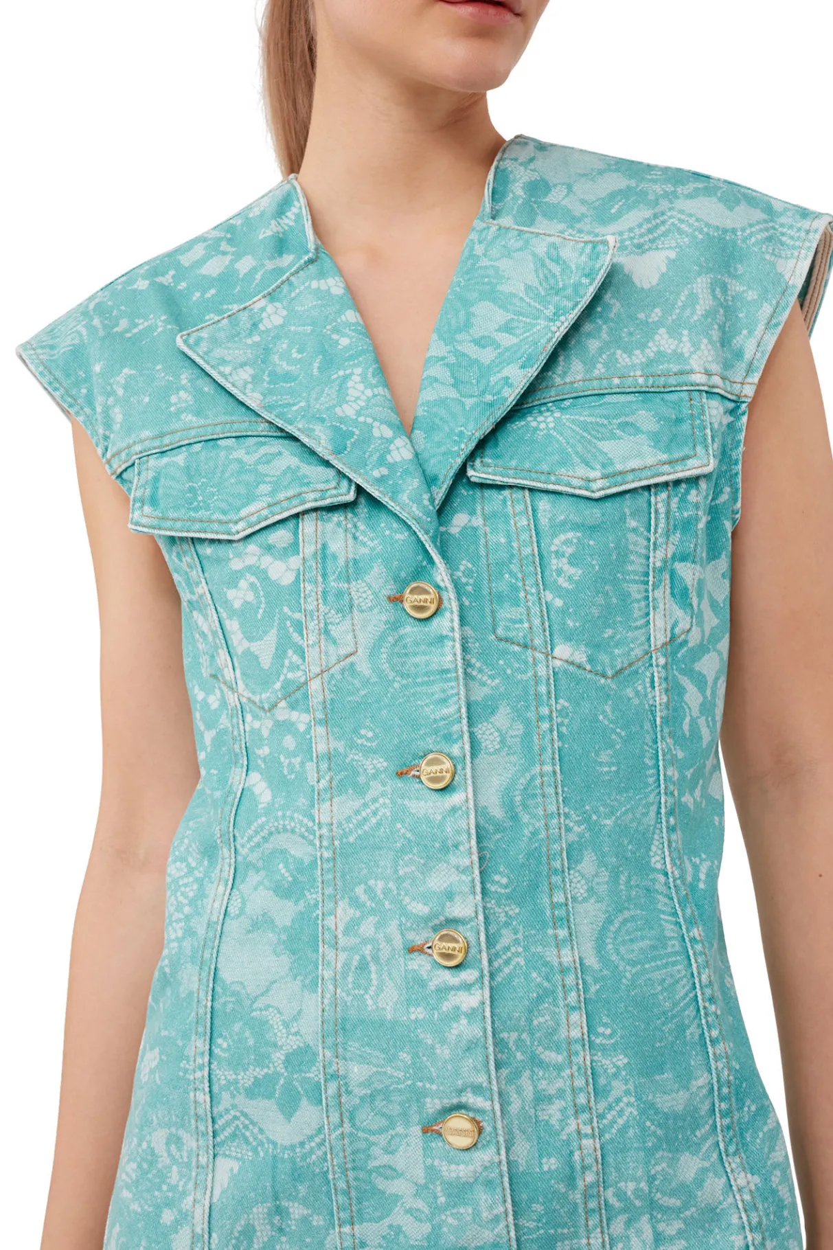 Discount GANNI Lace Printed Denim Mini Dress Canton