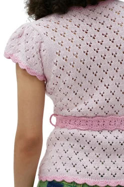 New GANNI Lace Short Sleeve Cardigan Pink Tulle