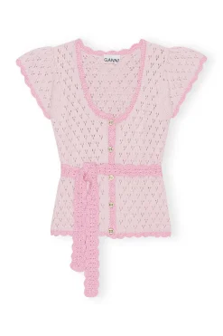 New GANNI Lace Short Sleeve Cardigan Pink Tulle