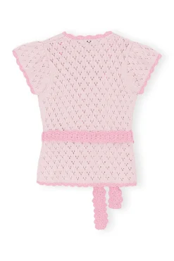 New GANNI Lace Short Sleeve Cardigan Pink Tulle