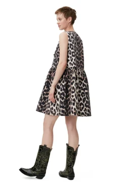 Outlet GANNI Leopard Tie Band Mini Dress Big Leopard Almond Milk