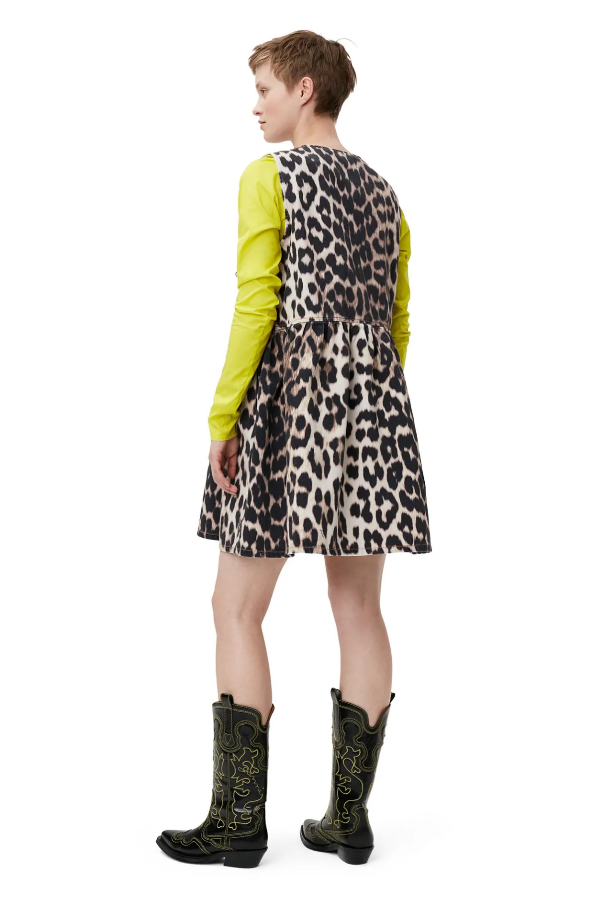 Outlet GANNI Leopard Tie Band Mini Dress Big Leopard Almond Milk