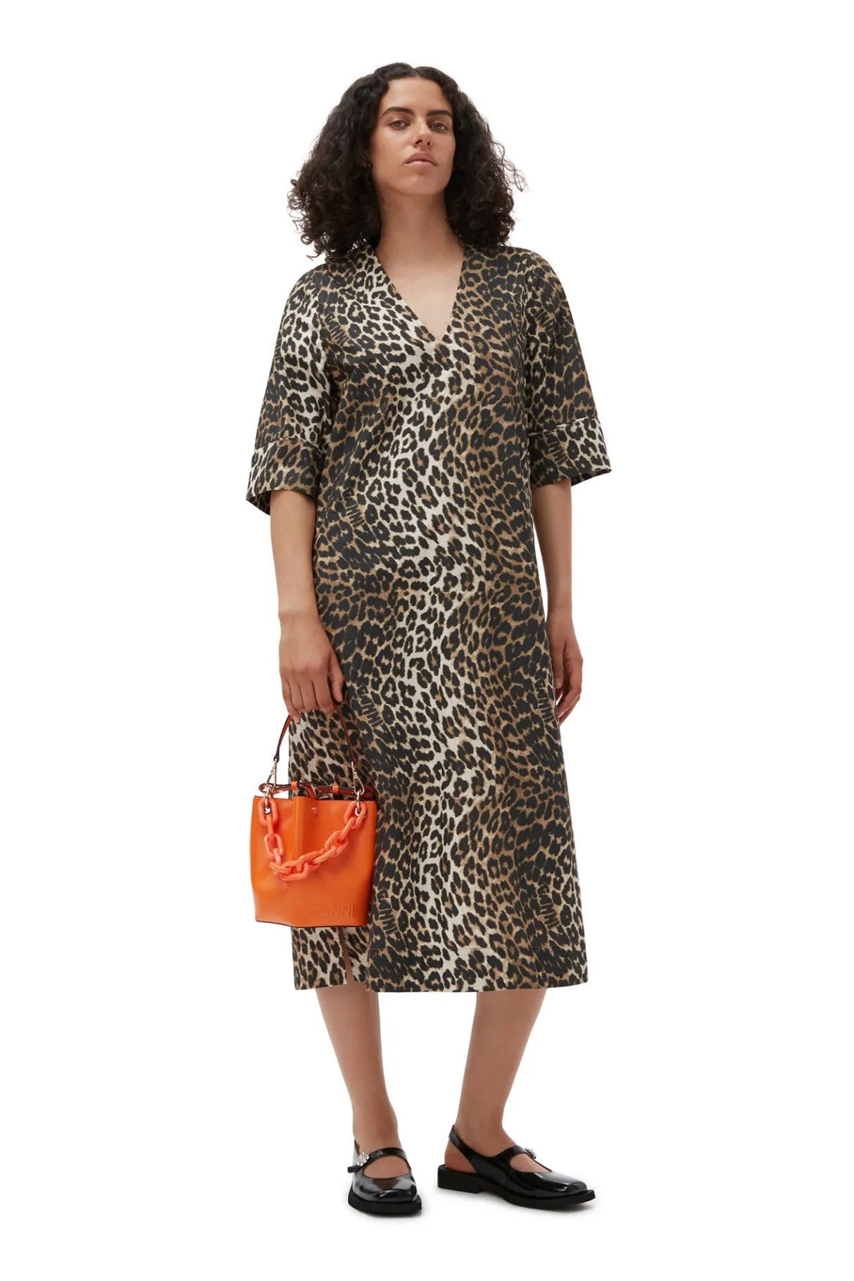 Cheap GANNI Leopard Wide Midi Dress Big Leopard Almond Milk
