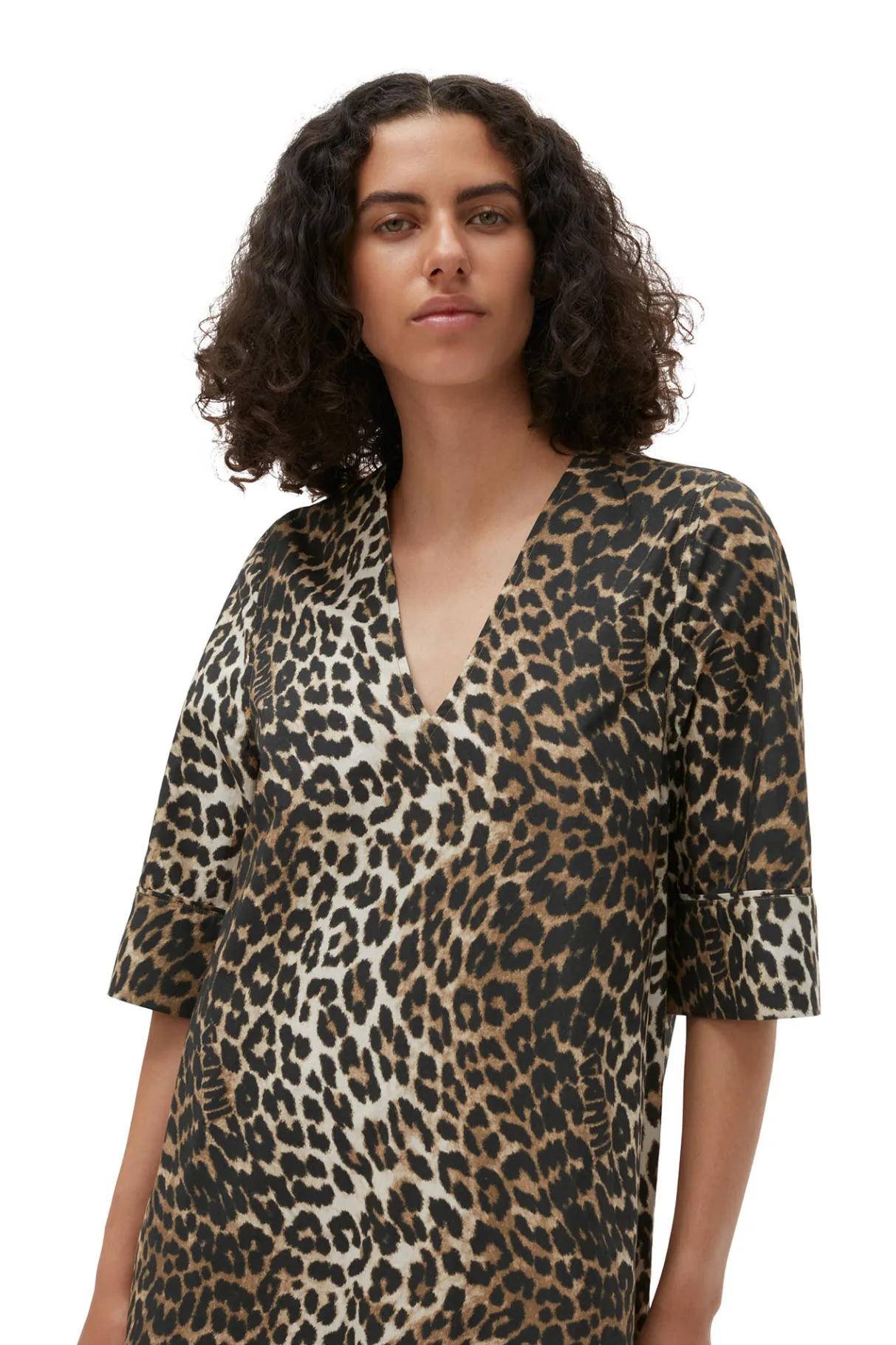 Cheap GANNI Leopard Wide Midi Dress Big Leopard Almond Milk