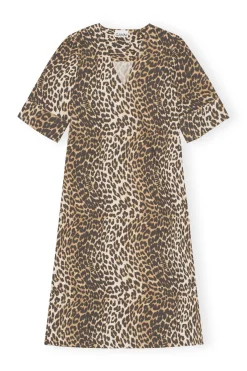 Cheap GANNI Leopard Wide Midi Dress Big Leopard Almond Milk