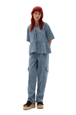 Discount GANNI Light Stripe Denim Cargo Pants Mid Blue Stone