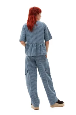 Discount GANNI Light Stripe Denim Cargo Pants Mid Blue Stone