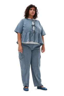Discount GANNI Light Stripe Denim Cargo Pants Mid Blue Stone
