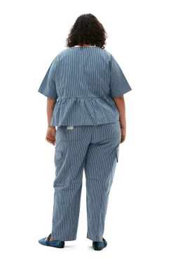 Discount GANNI Light Stripe Denim Cargo Pants Mid Blue Stone