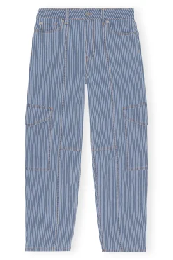 Discount GANNI Light Stripe Denim Cargo Pants Mid Blue Stone