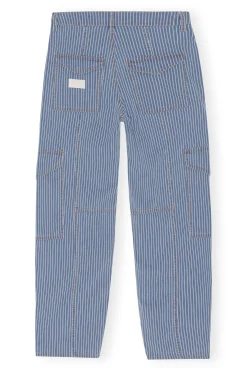 Discount GANNI Light Stripe Denim Cargo Pants Mid Blue Stone