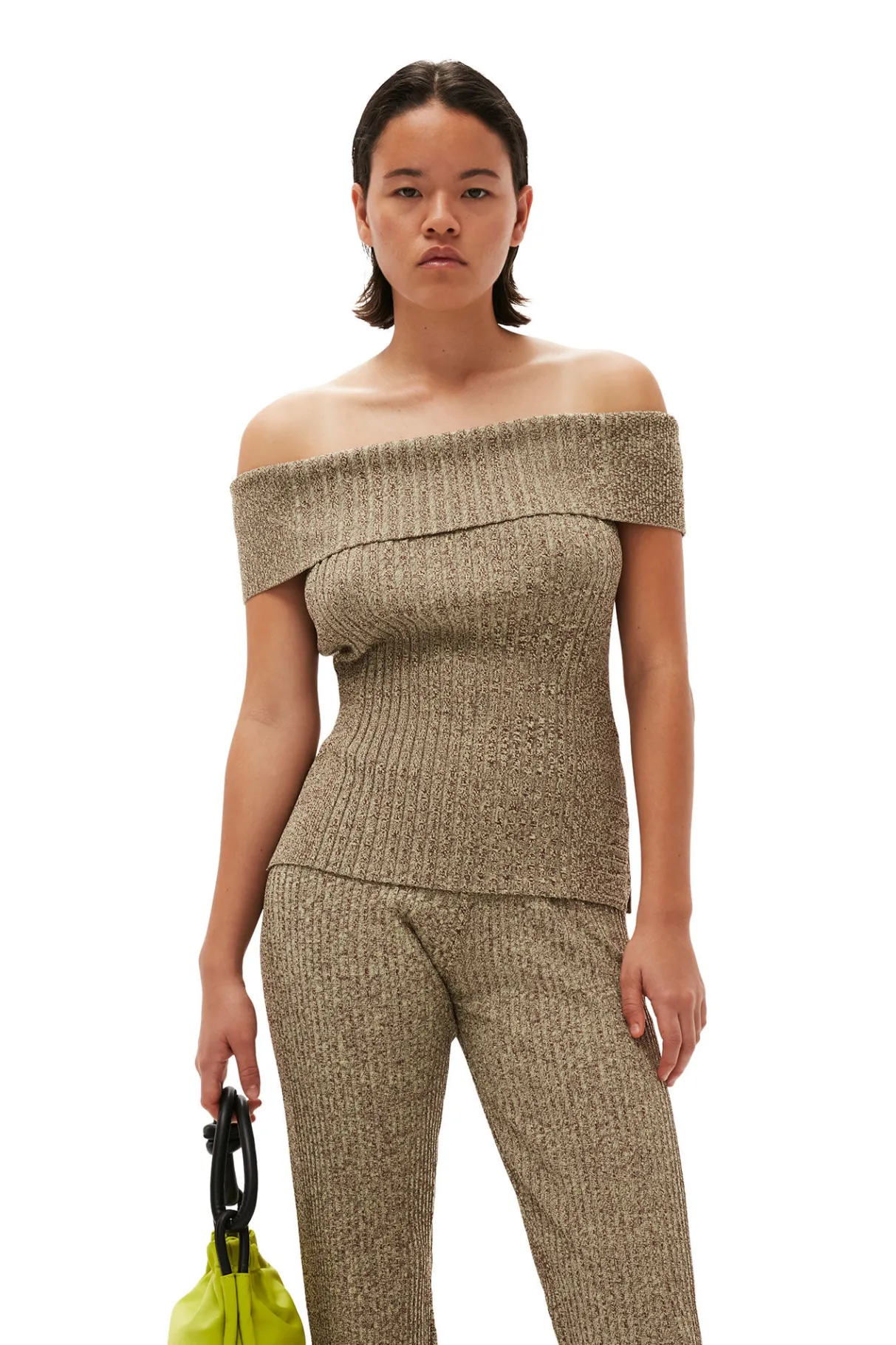 Outlet GANNI Melange Knit Off Shoulder Top Brandy Brown
