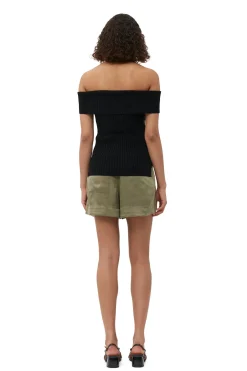 Cheap GANNI Melange Knit Off Shoulder Top Black