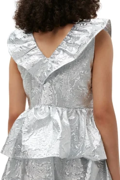 Fashion GANNI Metallic Jacquard Layer Dress Silver