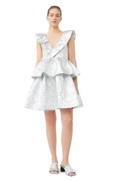 Fashion GANNI Metallic Jacquard Layer Dress Silver
