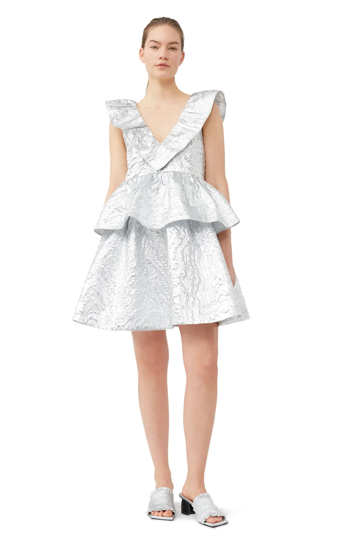Fashion GANNI Metallic Jacquard Layer Dress Silver