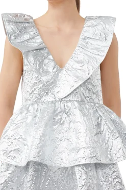 Fashion GANNI Metallic Jacquard Layer Dress Silver