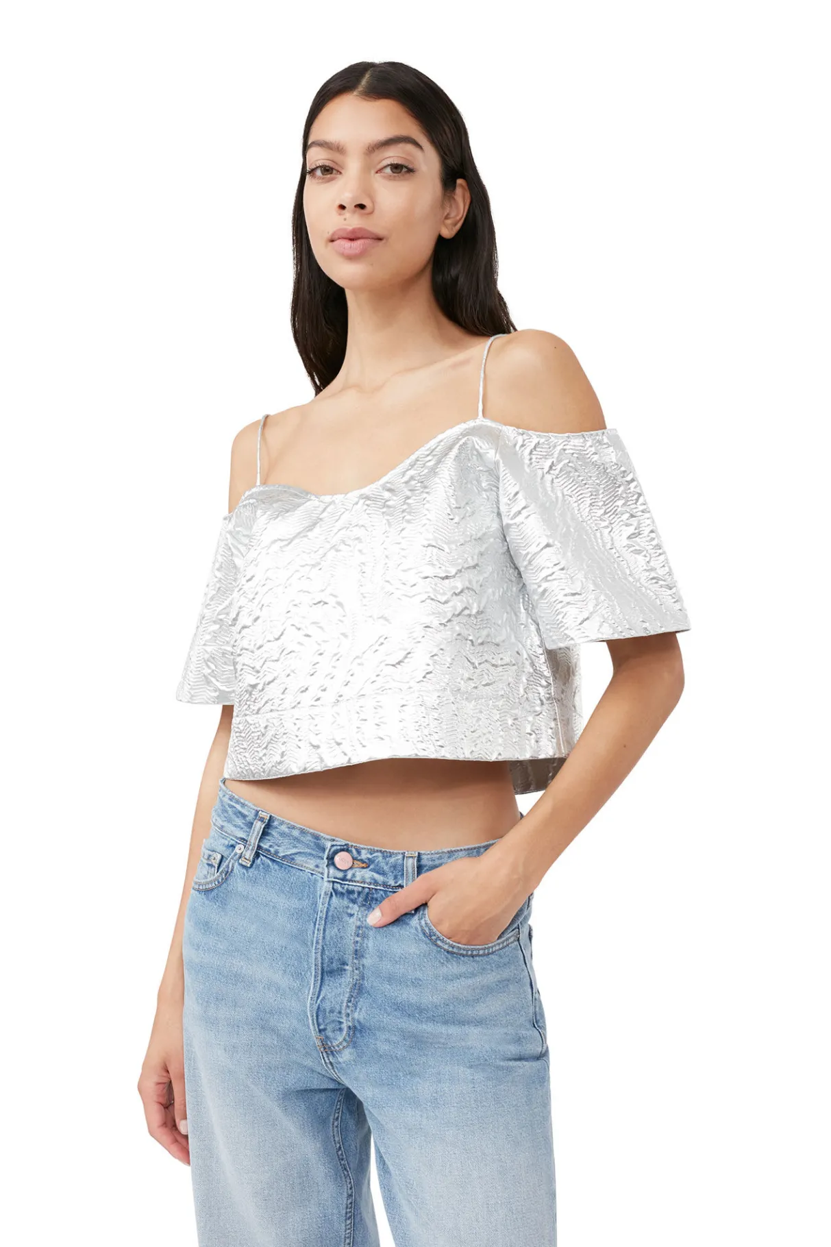 Best Sale GANNI Metallic Jacquard Top Silver