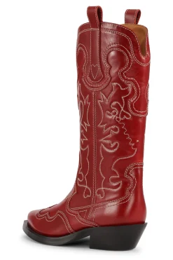 Clearance GANNI Mid Shaft Embroidered Western Boots Barbados Cherry
