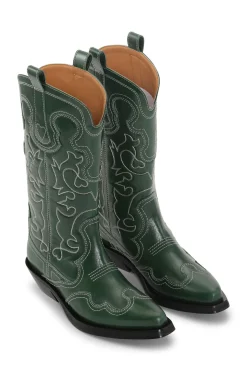 Fashion GANNI Mid Shaft Embroidered Western Boots Kelly Green