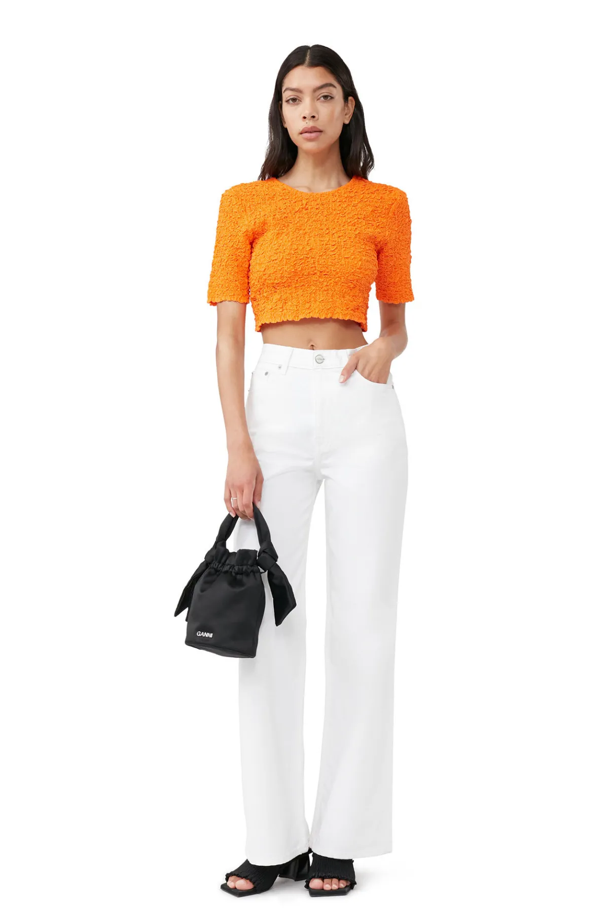 Discount GANNI Orange Cotton Poplin Cropped Smock Top Vibrant Orange