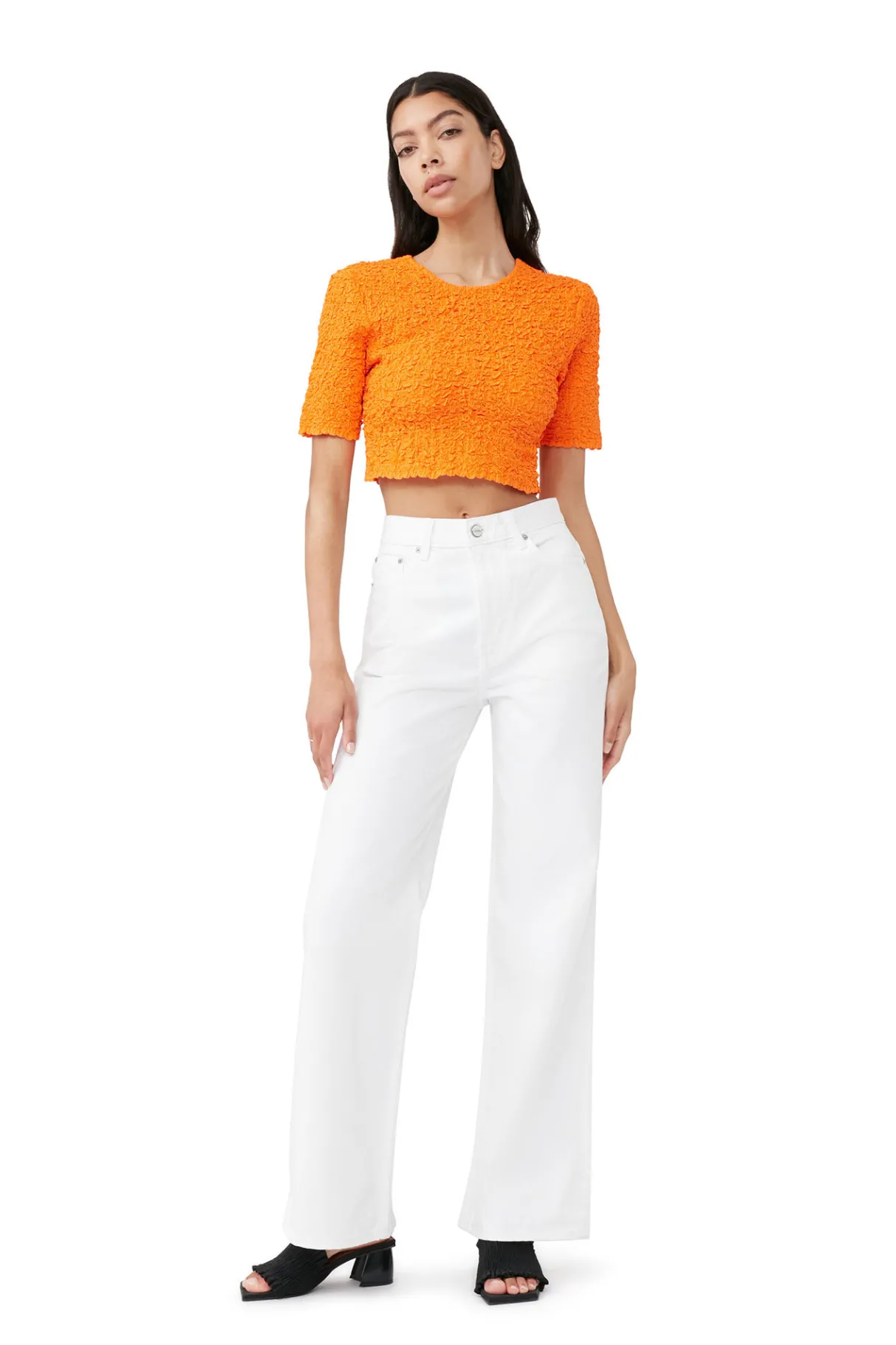 Discount GANNI Orange Cotton Poplin Cropped Smock Top Vibrant Orange