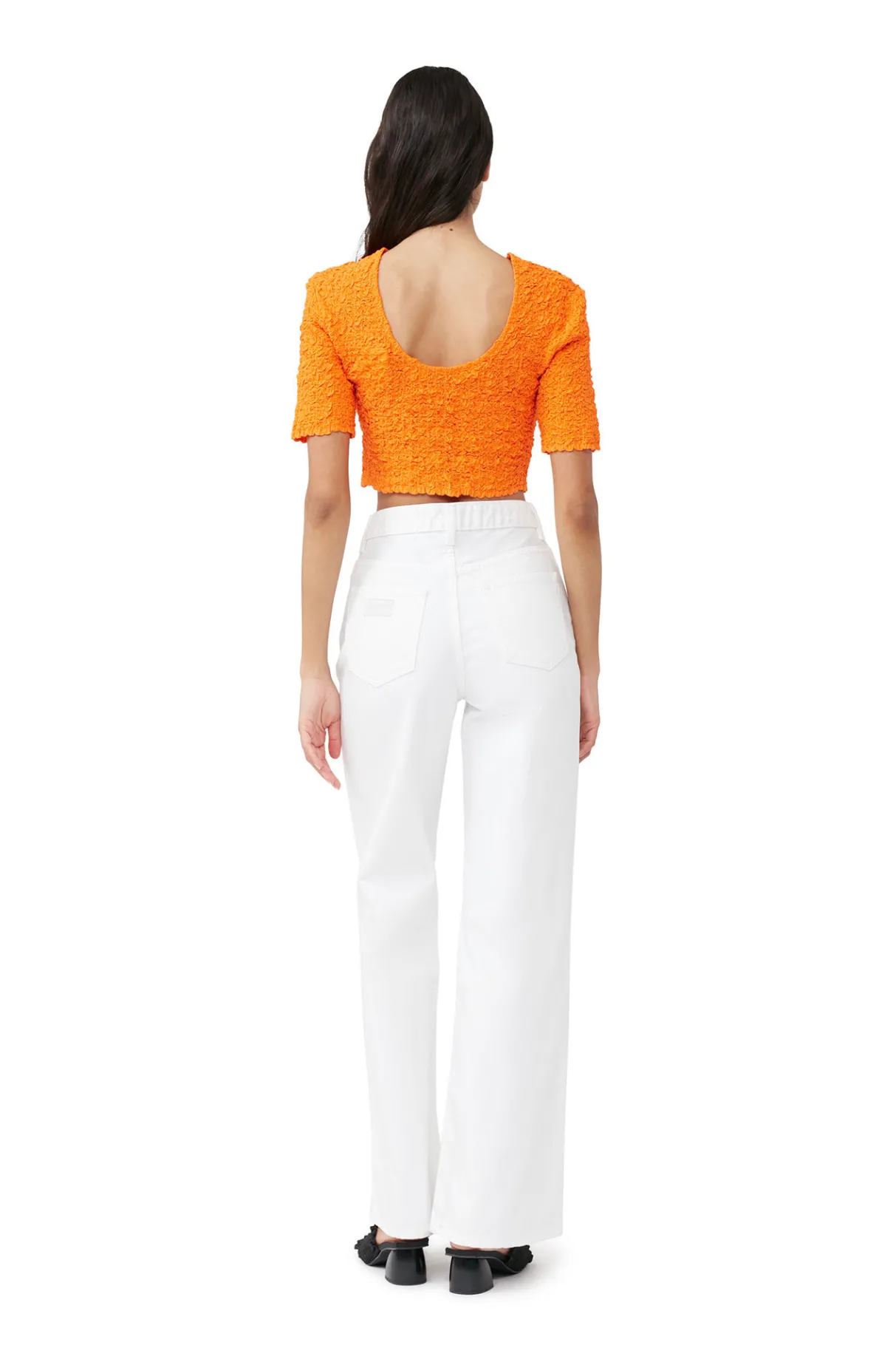 Discount GANNI Orange Cotton Poplin Cropped Smock Top Vibrant Orange