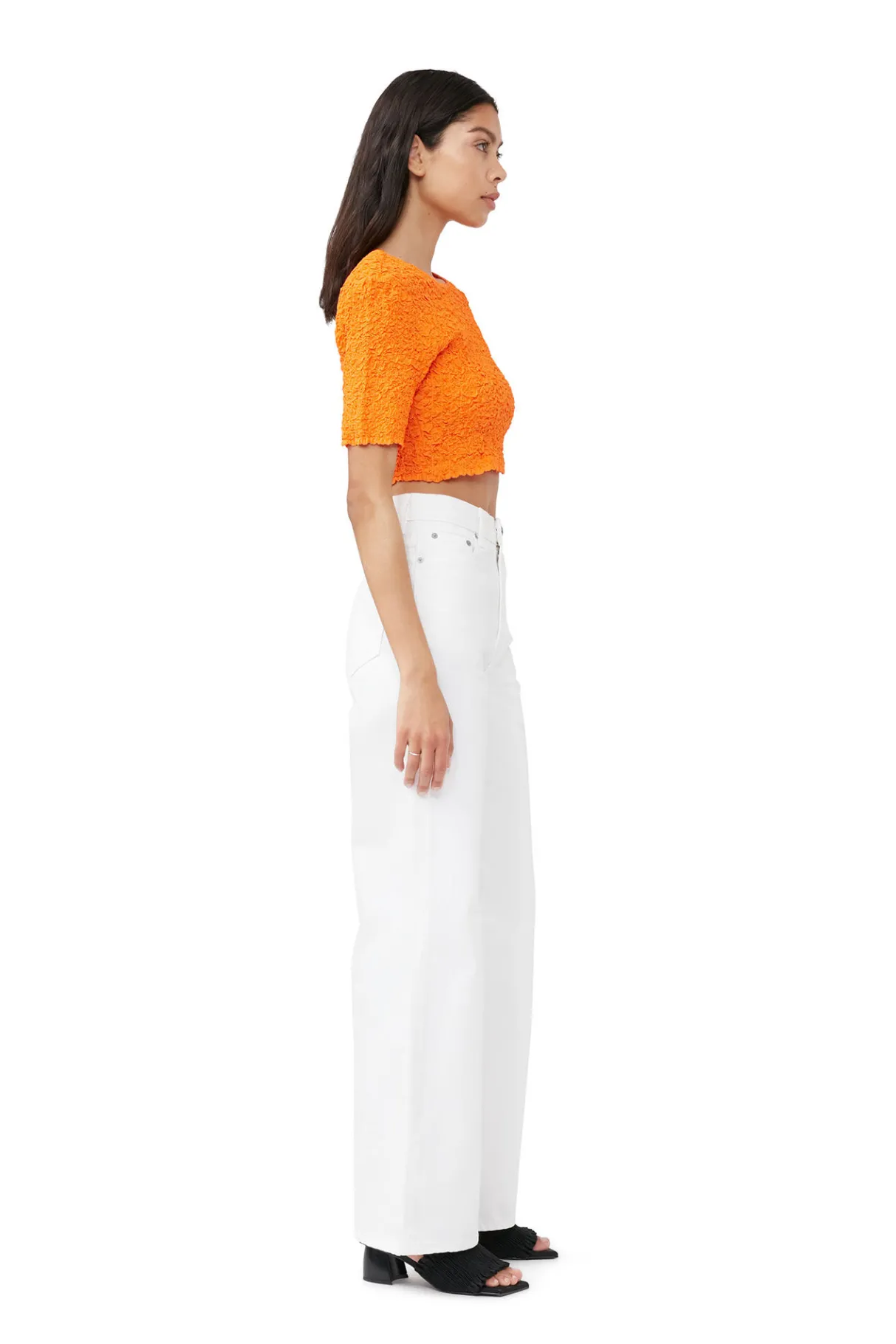Discount GANNI Orange Cotton Poplin Cropped Smock Top Vibrant Orange